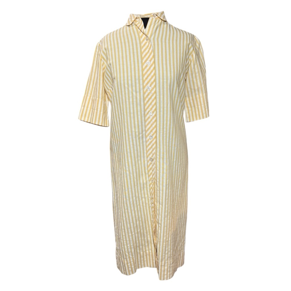 Vintage Yellow and White Striped Short Sleeve Collared Shift Dress 1960s